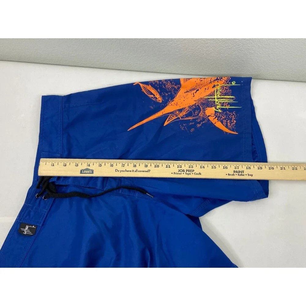 Guy Harvey Men 32 Blue Boardshorts Orange Marlin Embroidered Logo Beach Surf